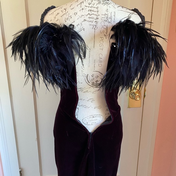 Vintage Velvet Gothic Gown with Feather Neckline - Picture 10 of 13